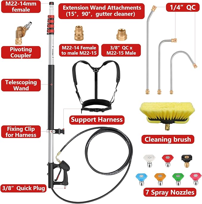 24 FT Gutter Cleaning Tools from The Ground - Telescoping Pressure Washer Wand - Gutter Cleaner Attachment with Power Washer Extension Wands, Brush, 7 Spray Nozzle Tips, 3 Hose Adapters, Support Belt