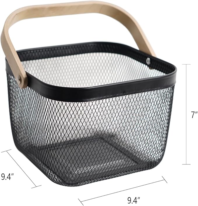 Metal Mesh Steel Harvest Basket, Square Wire Garden Basket with Handle – Multi-functional Storage Organizer for Gathering Vegetables, Fruits, Kitchen, Garden, Picnic & Cabinet (Black)