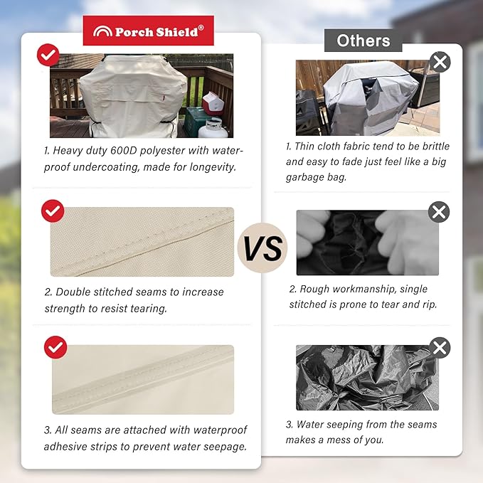 Porch Shield 54W x 24D x 46H inch Premium Gas Grill Cover Up to 52 inch, Waterproof and Fade Resistant 600D BBQ Covers for Weber, Brinkmann, Char-Broil and More, Light Tan