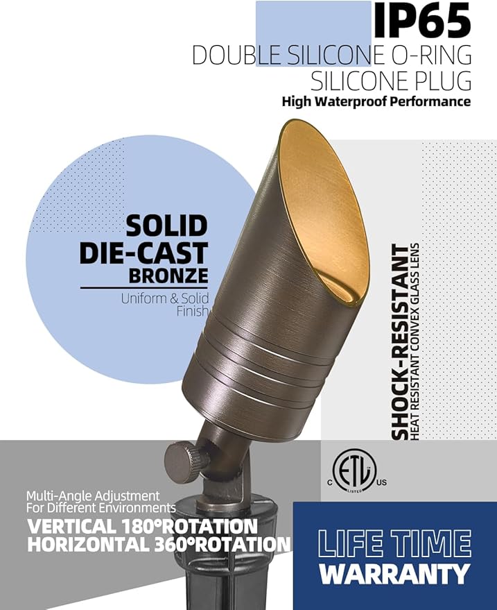 MALORY Low Voltage Landscape Spotlight Without Bulb,12V Brass Outdoor LED Landscape Lighting,Waterproof Solid Spot Up Lights for Garden,Patio and Yard (S05-Bronze, 1-Pack Without Bulb)