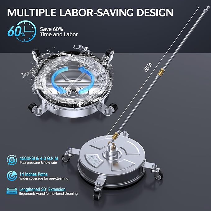 14" Pressure Washer Surface Cleaner 4500 PSI with 304 Industrial-grade Stainless Steel Housing,1/4” Quick Plug, 4 Universal Wheels, 2 x 15" Extended Wands, 2 Replacement Nozzles, 4 Spray Nozzle Tips