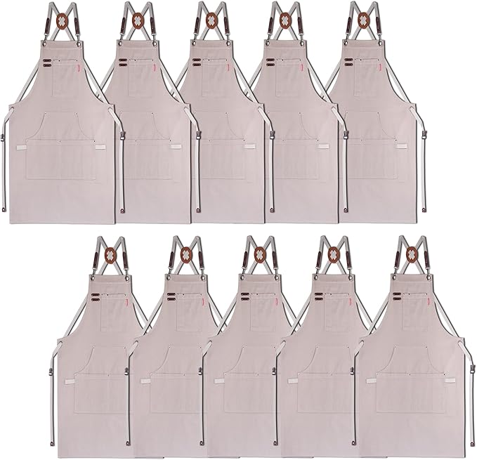 10 Pack Kitchen Aprons, Work Apron, Canvas, Multiple Pockets, Gardening, Painting, BBQ, Artist, Carpenter, Sizes M to XXL, Grey