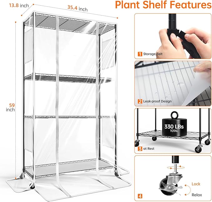 Indoor Greenhouse with Grow Light, Plant Stand with 3 Pack Full Spectrum Plant Lights , 3 color modes, Plant Shelf with Tent for Indoor Plant, Seed Starting, Seed Tray, 35.4"x13.8"x59"