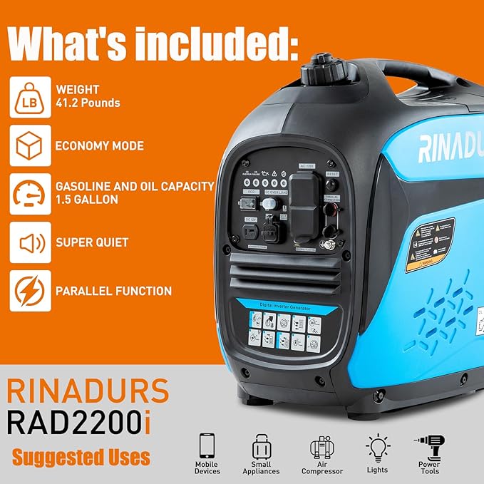 2200 Watt inverter generator, quiet and portable, suitable for home backup power, outdoor camping, and construction sites.EPA Compliant