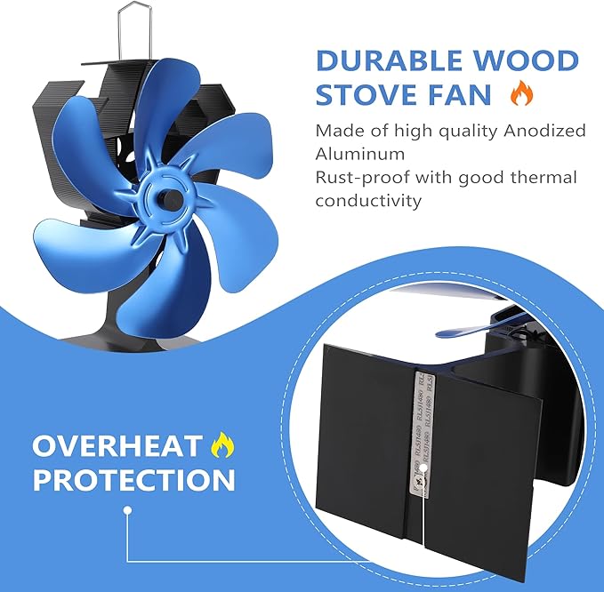 XTIMES Wood Stove Fan Heat Powered Fireplace Fan with Magnetic Thermometer Thermoelectric Fan for Wood Burning Stove/Pellet/Log Burner (Blue)