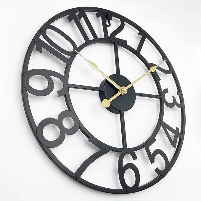 Large Outdoor Clock, Patio Decorative Wall Clock Silent Non Ticking Battery Operated, 24 Inch Modern Black Metal Clock for Pool Area, Living Room, Farmhouse, Kitchen