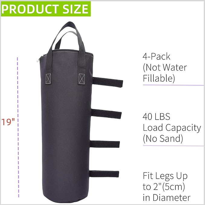 160 LBS Extra Large Sand Bags for Canopy Legs (Without Sand), Zipper Top Sandbags for Weight Set of 4 (Black)