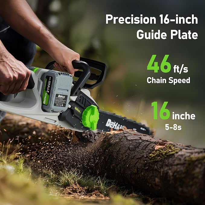 16 Inch Brushless Chainsaw with 2 x 4.0Ah 21V Battery, Tool-Free Chain Tensioning, Instant Chain Brake & Transparent Oil Tank – Tools for Tree Trimming & Wood Cutting