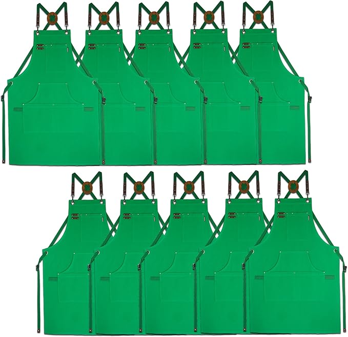 10 Pack Kitchen Aprons, Work Apron, Canvas, Multiple Pockets, Gardening, Painting, BBQ, Artist, Carpenter, Sizes M to XXL, Green