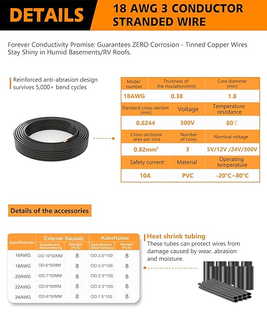 18 AWG 3 Conductor Electrical Wire -18/3 Gauge Stranded PVC Cord-Oxygen-Free Tinned Copper Core,12V/24V Low Voltage Flexible Cable for Automotive Marine LED Strips,Solar Lighting(49.21FT Heavy-Duty)