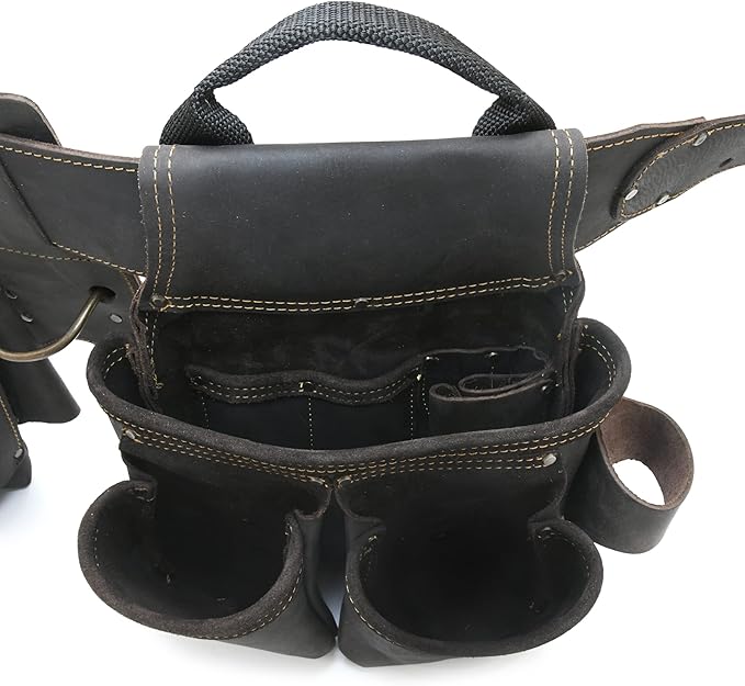 Style n Craft 4-Piece and 17-Pocket Pro Framer’s Combo, Tool Belt with 2 Tool Pouches and 1 Hammer Holder, Full-Grain Oiled Leather Tool Belt, Dark Brown (90429)