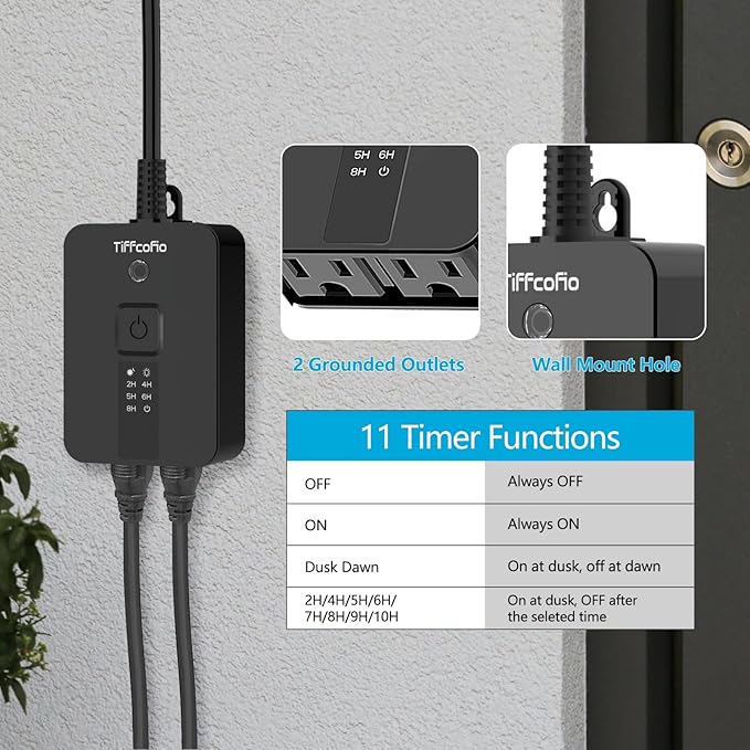 TiFFCOFiO Outdoor Timer Waterproof, Remote Control Dusk to Dawn Sensor Countdown, 100 ft Range, 2 Grouded Electrical Outlets for Home and Garden, 15A 1/2HP, Heavy Duty, ETL Listed (2 Packs)