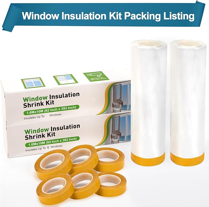 2 Pack Window Insulation Kit, Plastic Window Covering 62 Inch Wide × 393 Inch Length with Double-Sided Tape, Insulator Seal Kit for 20-3'x5' Windows Winterizing for Winter, 2 Roll Clear