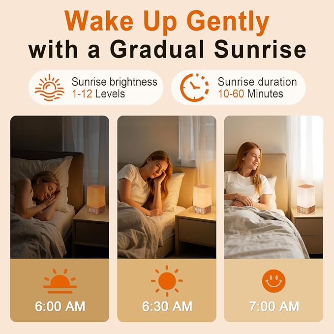 Sunrise Alarm Clock with Noise Machine: Digital Alarm Clock for Bedrooms, Nature Sounds for Gentle Wake Up, 30 Sleep Sounds, Adjustable Brightness & Volume, Timer - Wood Grain