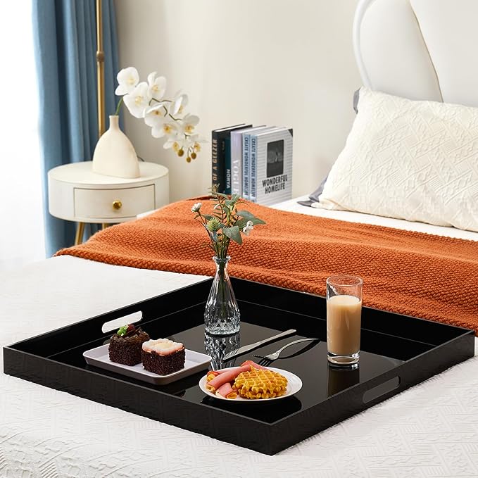 16×16 inches Oversized Black Acrylic Ottoman Tray Extra Large Decorative Tray Spill-Proof Serving Trays with Handles King-Size Safe Edge Organizer for Coffee Table Countertop Breakfast