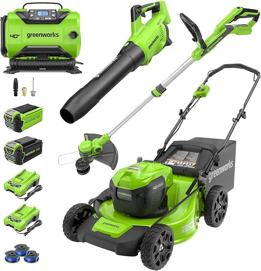 Greenworks 40V 20" Cordless Push Lawn Mower with Axial Leaf Blower(500 CFM / 120 MPH), 12" String Trimmer, 160 PSI Portable Tire Inflator, Includes 2 Batteries(5Ah+2Ah) & Chargers