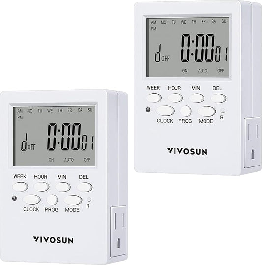 VIVOSUN 7 Day Programmable Digital Timer with Dual Outlet, 20 On/Off UL Listed Heavy Duty Plug-in Outlet Timer with Countdown Setting, Indoor for Lamp, Fan, Heater, Humidifiers, Aquarium (2 Pack)