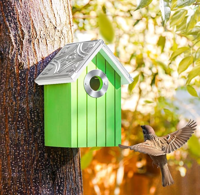 2PK Cedar Bluebird House, Wooden Bird House for Outside, 1.5" Entrance Hole Size, Stainless Steel Entrance Hole Protector, Silver Metal Roof, Colorful Garden Decorative (Green+Blue) Updated Version