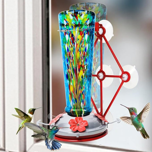 Window Hummingbird Feeder with 5 Strong Suction Cup 16 Ounces Colorful Hand-Blown Glass Hummingbird Feeder for Outdoor Patio Hanging Windows Mount (Blue)