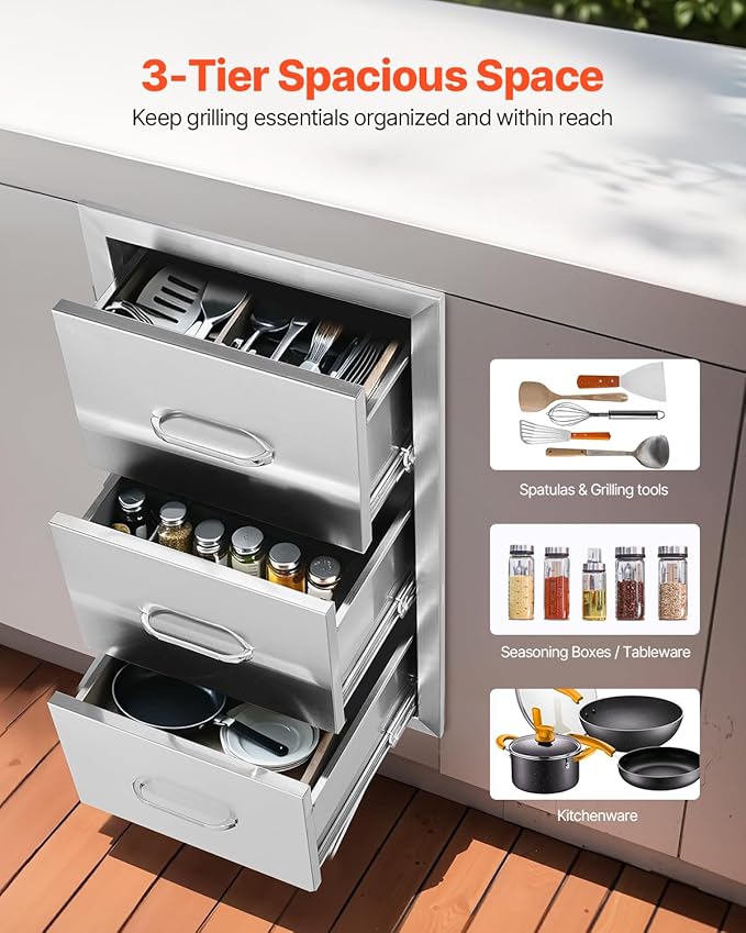 VEVOR Outdoor Kitchen Drawers 16" W x 28.5" H x 20.5" D, Flush Mount Triple Access BBQ Drawers with Stainless Steel Handle, BBQ Island Drawers for Outdoor Kitchens or BBQ Island Patio Grill Station