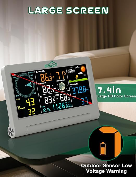 SQECH Weather Station,Weather Stations Wireless Indoor Outdoor with 7-in-1 Outdoor Sensor,Home Weather Station with Weather Forecast,Temp&Humidity,Rain Gauge,Wind,Moon Phase,Calendar,Alarm Clock