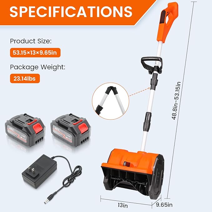 13" Cordless Snow Shovel, 2x 48V 600W Motor 4-Ah Battery Powered Snow Blower 8" Depth Electric Snow Shovel with Directional Plate Adjustable Front Handle (4-Ah Battery & Quick Charger Included) Orange