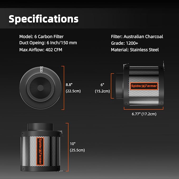 Spider Farmer 6 Inch Air Carbon Filrer Smelliness Control with Premium Australia Virgin Charcoal for Inline Duct Fan, Grow Tent Odor Control, Hydroponics, Pre-Filter Included, Reversible Flange