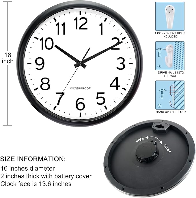 Caysie 16 Inch Sealed Large Outdoor Clock Waterproof, Silent Battery Operated Weatherproof Wall Clocks for Pool Patio Outside Home (Black)