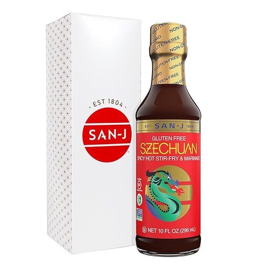 San-J Gluten Free Szechuan Cooking Sauce - Szechuan Sauce, Szechuan Dipping Sauce, Hot & Spicy Marinade & Stir Fry Sauce, Kosher, Non-GMO, No Artificial Preservatives - 10 Fl Oz