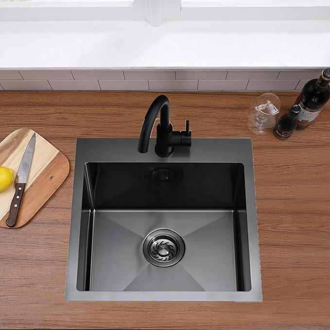 18x18 Inch Black Bar Sink Drop In, Topmount Stainless Steel Kitchen Sink, Square Small Kitchen Sinks, Single Bowl Kitchen Sinks for Laundry Wet Bar Prep RV Office Outdoor Yard