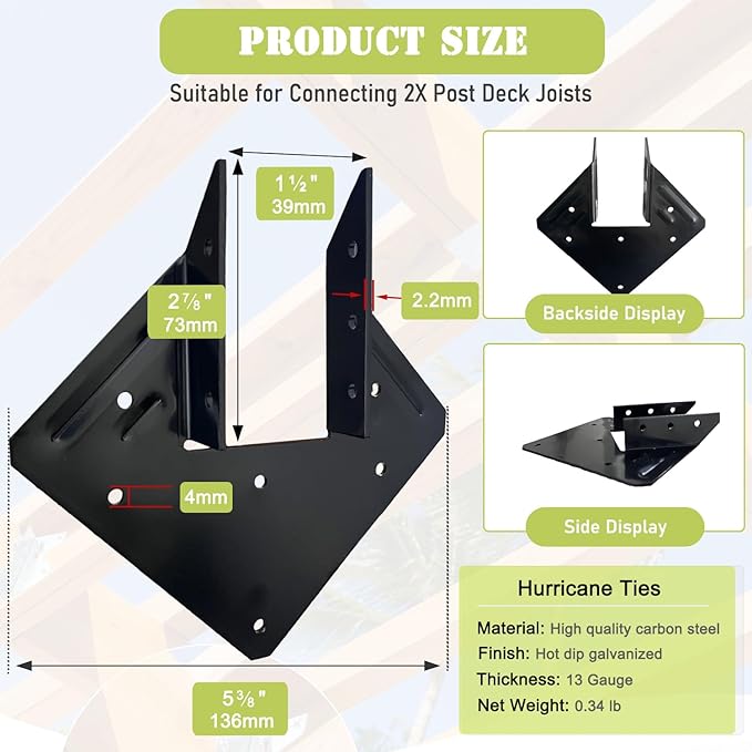 22 Pcs Black Hurricane Tie, 13 Gauge(Thickness 2.2mm) Joist Hangers, Fit 2x4,2x6 Truss to Rafter Connector for Roof Truss Timber, Hurricane Truss Hangers, Rafter Brackets,Hurricane Clips