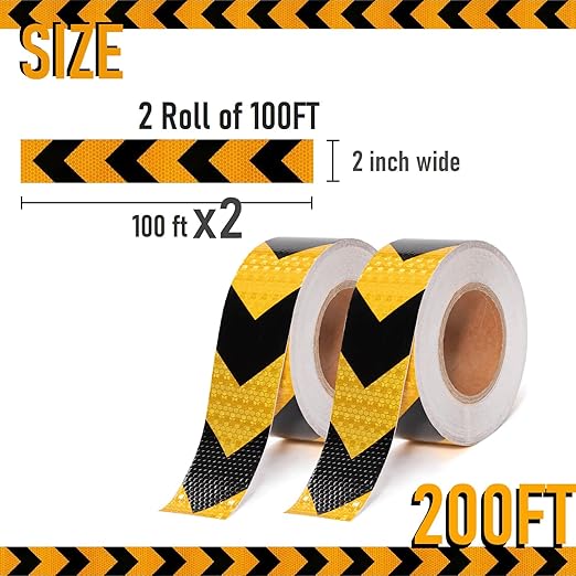 2 Inch X 200 Feet Black Yellow Arrow Reflective Hazard Safety Warning Caution Tape, Reflector Industrial Marking Tape for Trailers Vehicles Stairs Steps Floor Boats Outdoor Waterproof