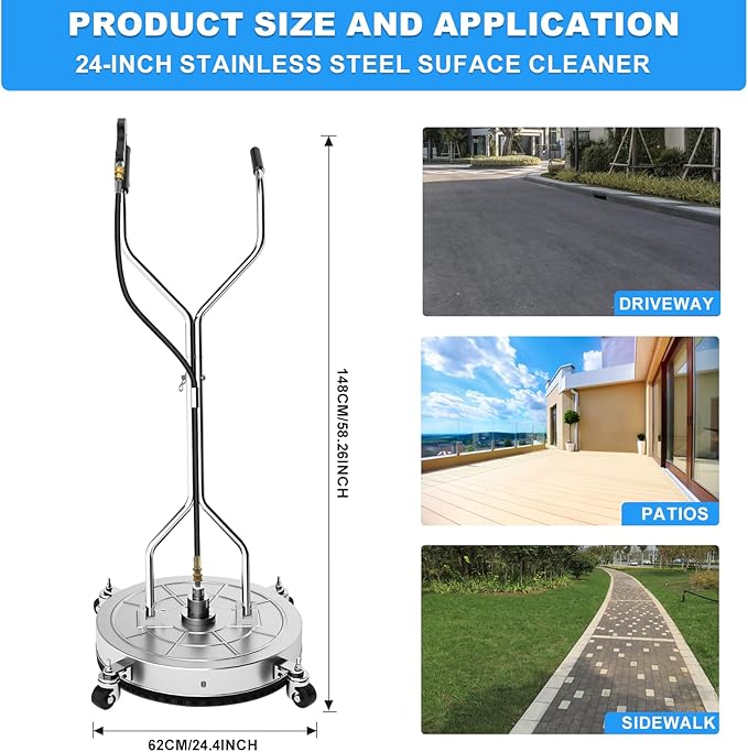 24" Pressure Washer Surface Cleaner with 304 Industrial-Grade Stainless Steel Housing, Dual Handle, Driveway Pressure Washer Attachment, 2 Replacement Nozzles, for Concrete, Sidewalk, Deck, 4000 PSI
