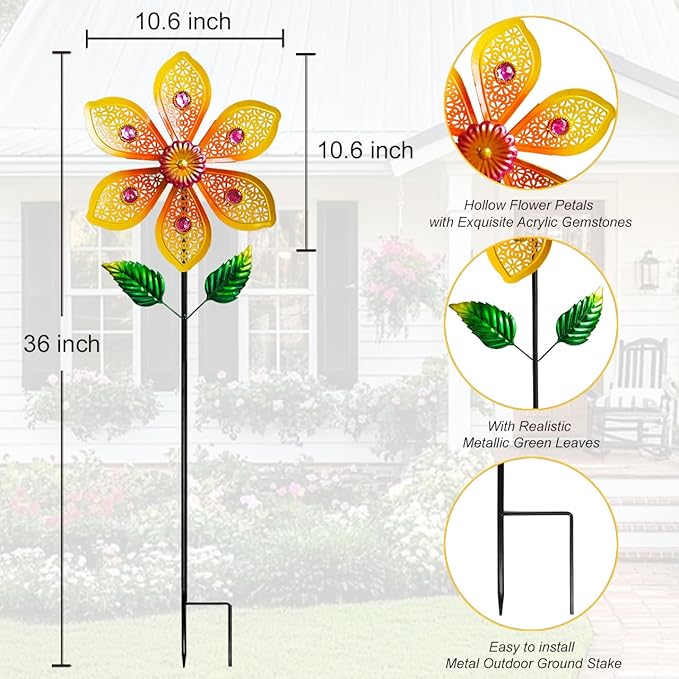 Metal Wind Spinners for Garden Decor Outdoor Windmill Sculptures, Durable Yard Art Wind Spinners Metal Wind Spinner for Patio Lawn Ornament (Bright Orange Flowers)