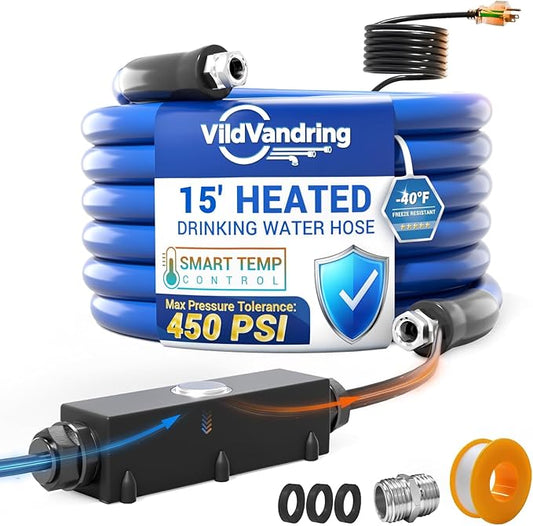 15ft Heated Water Hose for RV - Heated Drinking Water Hose with Energy-Saving Thermostat, Water Line Freeze Protection Down to -40°F/-40°C, Heated Garden Hoses with Adapter, Lead and BPA Free