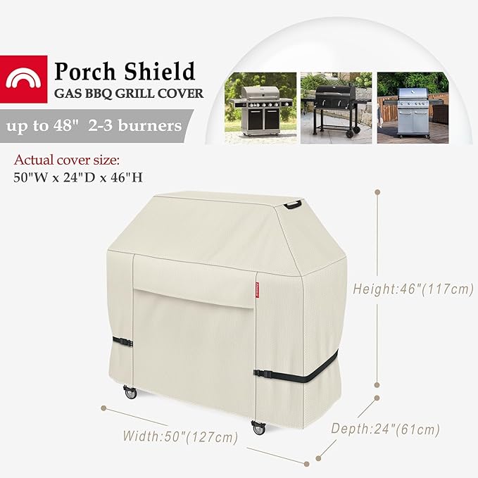 Porch Shield 50W x 24D x 46H inch Premium Gas Grill Cover Up to 48 inch, Waterproof and Fade Resistant 600D BBQ Covers for Weber, Brinkmann, Char-Broil and More, Light Tan