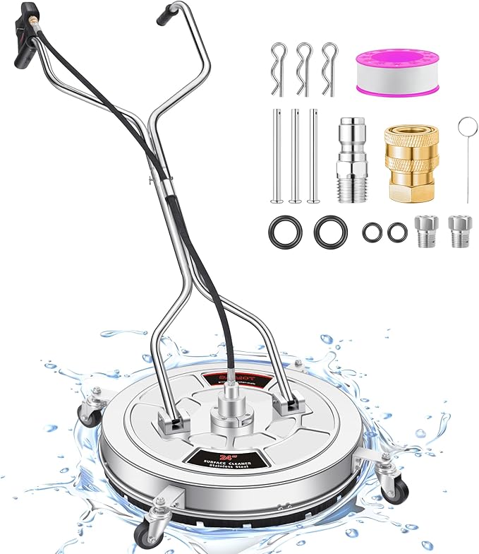 24" Pressure Washer Surface Cleaner with 4 Wheels - Stainless Steel Dual Handle Surface Cleaner for Pressure Washer Attachment for Concrete, Patio, Sidewalk, Deck and Driveways