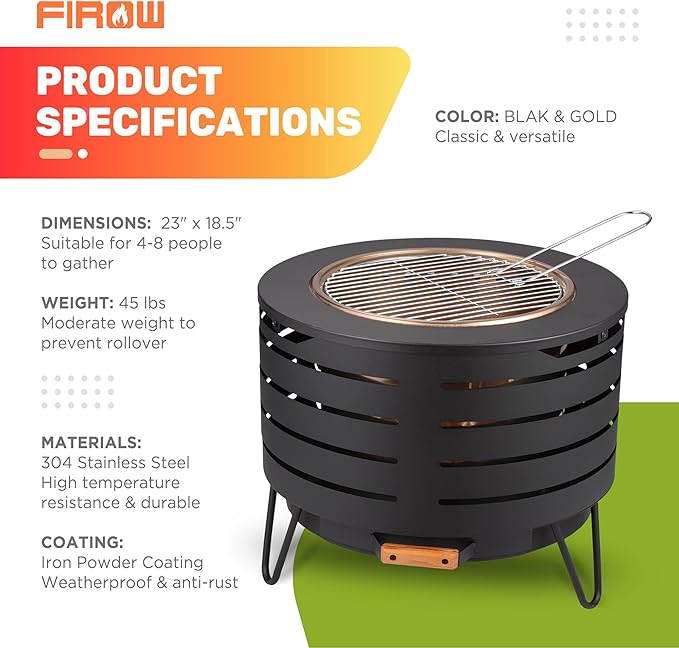 Smokeless Fire Pit, 23 Inch Fire Pit for Outside with Removable Ash Pan, Outdoor Firepit Ideal for Camping,Bonfire and Backyard, Include Fire Poker, Firepit Cover and Grill Rack