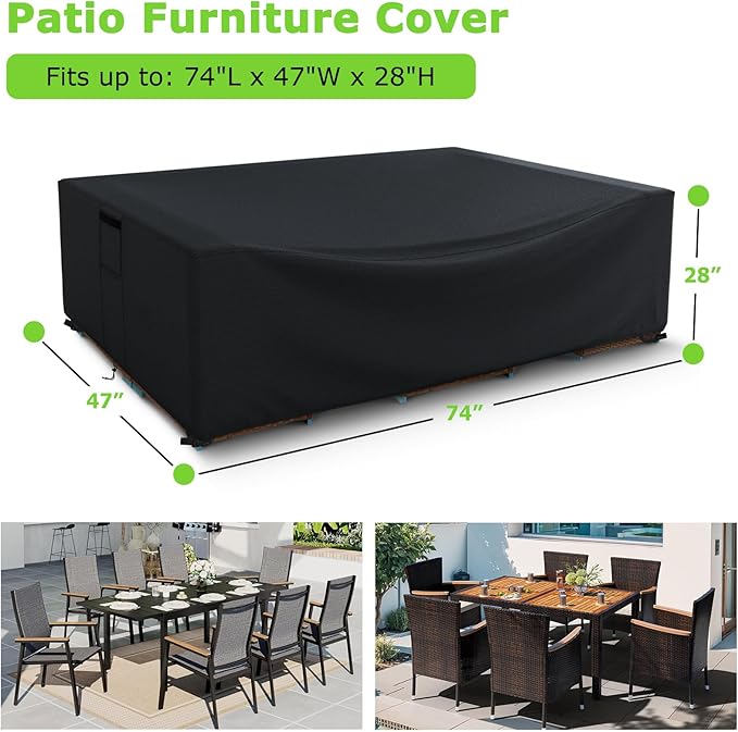 Patio Furniture Covers Waterproof, Heavy Duty 600D Outdoor Furniture Covers for Outdoor Dining Table and Chair,Tear Resistance and Anti-UV,Black,74"L x 47"W x 28"H