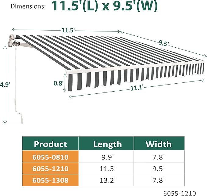 MCombo 11.5x9.5 Feet Manual Retractable Patio Door Window Awning Sunshade Shelter Outdoor Canopy, 1210 (Grey with White Stripes, 11.5'(L) x 9.5'(W))