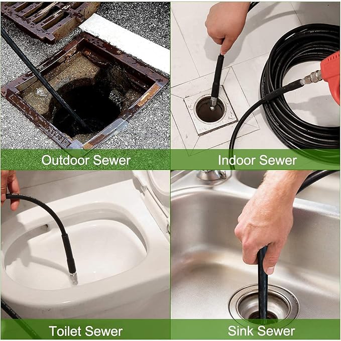 150FT Sewer Jetter Kit for Pressure Washer, 5800PSI Drain Cleaner Hose 1/4 Inch NPT, Corner, Rotating and Button Nose Sewer Jetting Nozzle Waterproof Tape Pearl Corsage Pin with 2Pcs Spanner