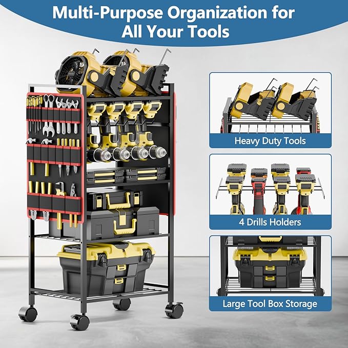 5 - Tier Power Tool Organizer Cart - 300 lbs Heavy Duty Utility Rack Shelf, Rolling Drill Holder & Tool Storage Cart on Wheels for Garage, Workshop, Ideal Gift for Men (no Power)
