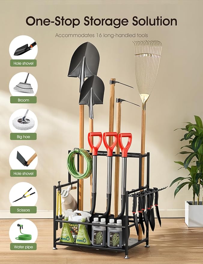 Garden Tool Organizer – Heavy-Duty Carbon Steel Storage Rack for Garage, Shed & Yard – Rust-Resistant, Holds 100+ lbs of Garden & Lawn Tools – Black