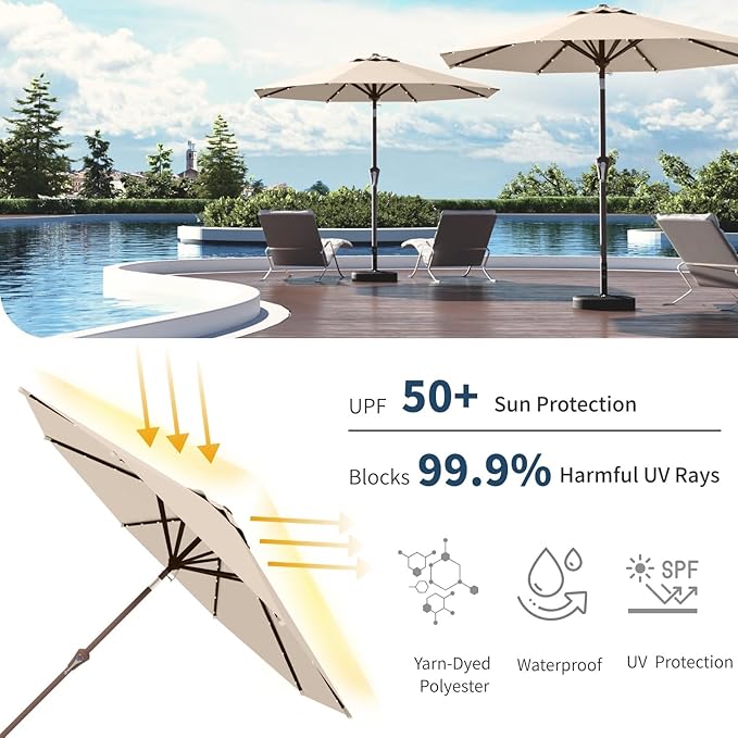 10FT Solar Umbrella 32 LED Lighted Patio Umbrella Table Market Umbrella w/Tilt and Crank, UV-Resistant Outdoor Umbrella for Pool, Garden, Deck, Beige