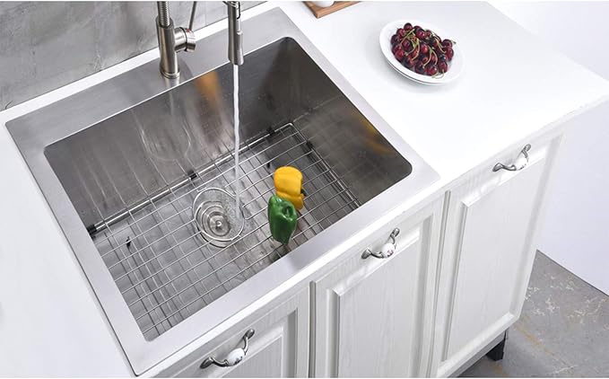 25 x 22 Inch Drop In Kitchen Sink, Topmount Stainless Steel Brushed Nickel Single Bowl Kitchen Sink, Extra-thick 16 Gauge For RV Laundry Utility with Dish Grid and Basket Strainer