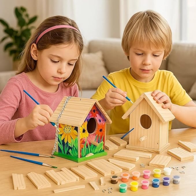 2025 New 2pc DIY Birdhouse Kit for Kids, Cedar Wood Bird House Kits Bulk for Kids and Adults, Art Craft Outdoor Birdhouse, Solid Wood Weather Proof Material Painting Kit