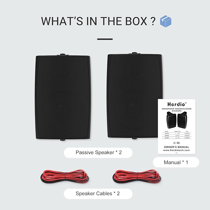 Herdio 400W 6.5 Inch Passive Outdoor Speakers Wired Waterproof,2 Way Wall Mounted Speakers with Powerful Bass for Patio Home Indoor Poolside Deck Backyard (Pair,Black)