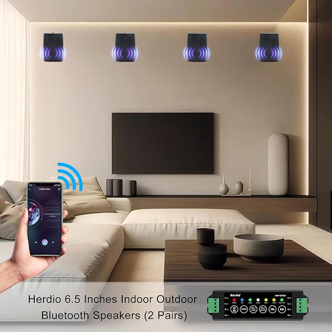 Herdio 6.5 Inch 800W Outdoor Bluetooth Speakers Wired Waterproof with Multifunctional Amplifier, Wall Mount Speaker for Patio Home Poolside Deck Backyard(2 Pairs,Black)