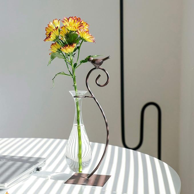 Marbrasse Desktop Glass Planter Hydroponics Vase,Planter Bulb Vase with Holder for Home Decoration,Modern Creative Bird Plant Terrarium Stand, Scindapsus Container (Water Drop Vase)