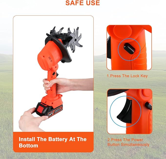 24V Cordless Tiller Cultivator, 4-Inch Tilling Width and Depth, Handheld with Extension Rod, 235 RPM Electric Garden Tiller, Lightweight 1.2kg Body, 2 × 1.5Ah Batteries & Charger (24V - Orange)